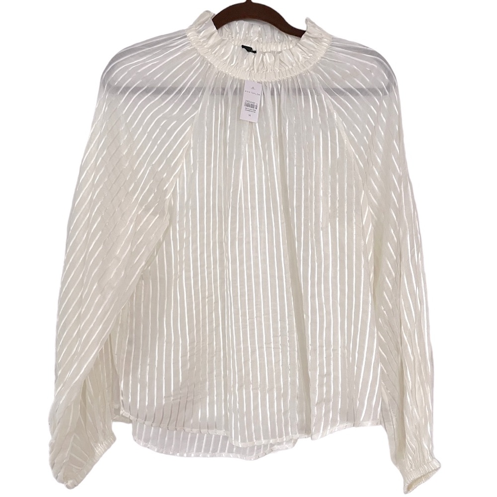 NWT Ann Taylor High Neck White Chiffon Spring 2020 Blouse, Size Medium